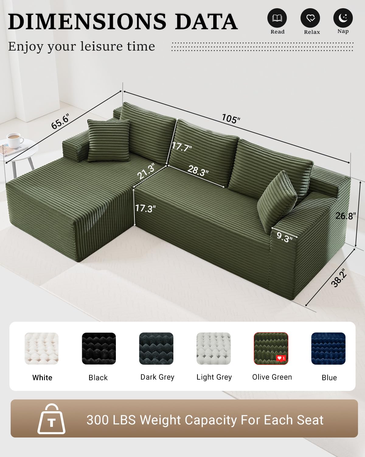 105" White L-Shaped Modular Cloud Sectional Sofa, Modern Couch with Deep Seat, Corduroy Boneless Couch, No Assembly, Left-Facing Chaise