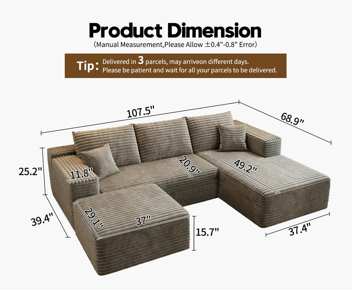 107.5" Camel U-Shaped Cloud Modular Sectional Sofa with 1 Ottoman, Modern Deep Seat Upholstered Couch, Right-Facing Chaise, No Assembly Required