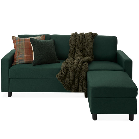 Upholstered 3-Seat L-Shape Sectional Sofa with Chaise Lounge and Reversible Ottoman Bench for Compact Spaces, Dark Green