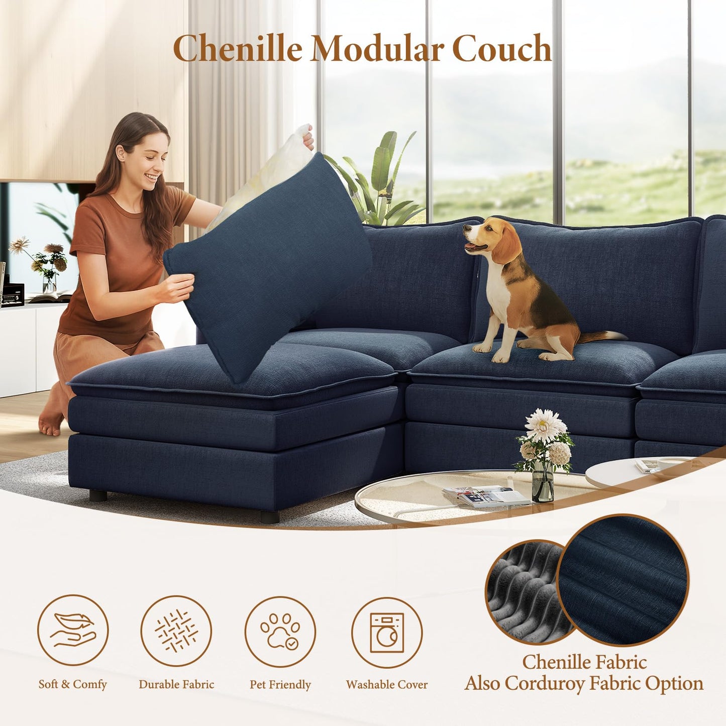 108" Blue U-Shaped Sectional Couch, Comfy Cloud Modular Sofa with 2 Ottomans, Deep Seat Chenille Sofa for Living Room