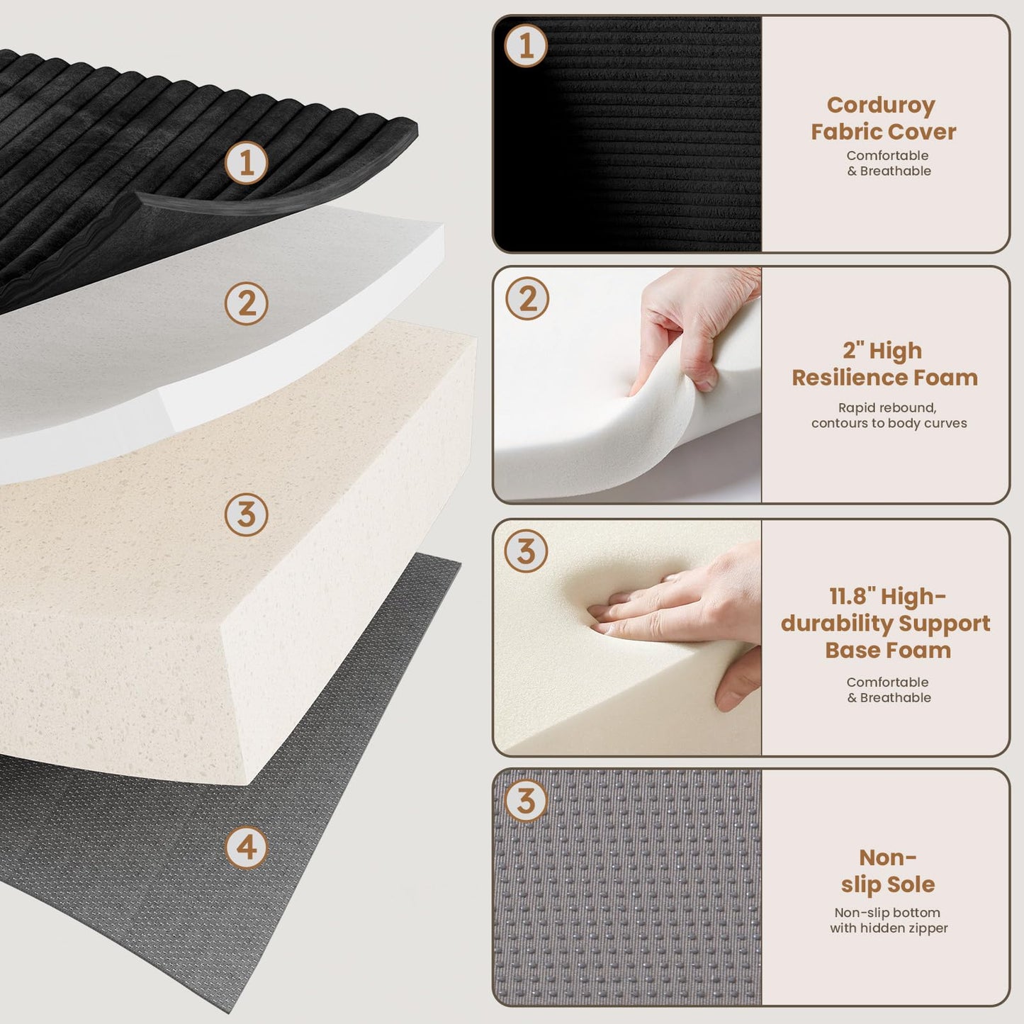 108" Black L-Shaped Modular Sectional Sofa, Corduroy Boneless Cloud Couch with Deep Seat, No Assembly for Living Room