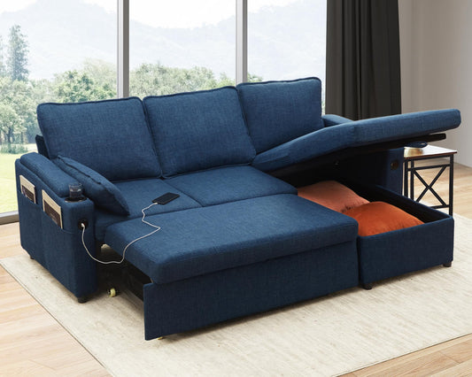 Sofa Bed Sleeper Pull Out 2-in-1 Sectional with Storage, USB, Cup Holder for Apartment Living Room (Blue)