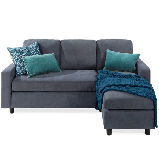 Upholstered 3-Seat L-Shape Sectional Sofa with Chaise Lounge and Reversible Ottoman Bench for Compact Spaces, Blue/Gray