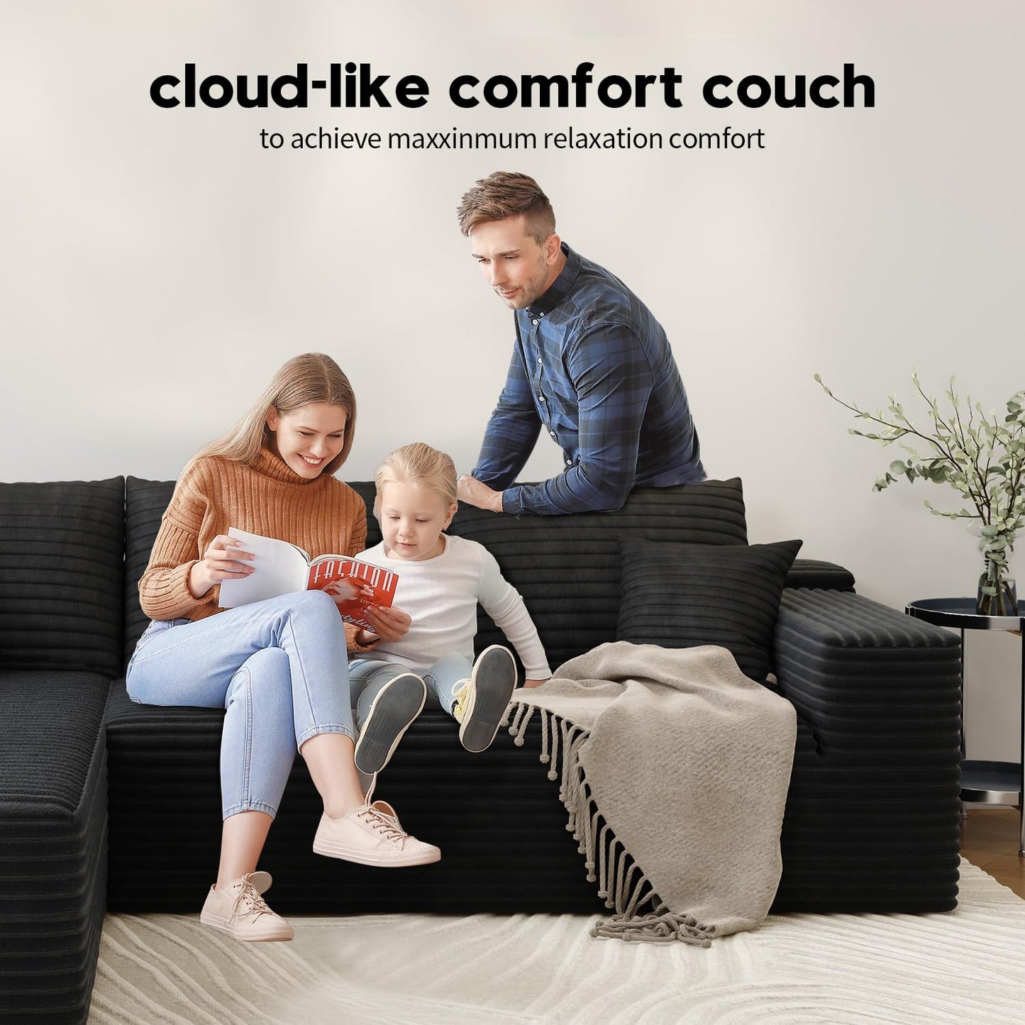 107.5" Black U-Shaped Cloud Modular Sectional Sofa with 1 Ottoman, Modern Deep Seat Upholstered Couch, Right-Facing Chaise, No Assembly Required