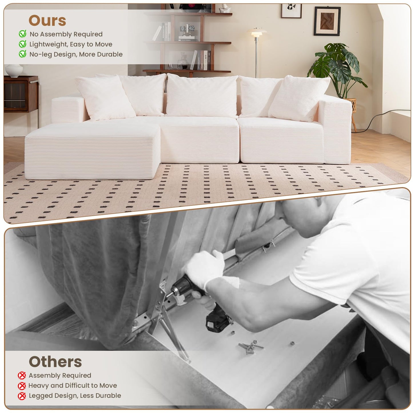 108" Beige L-Shaped Modular Sectional Sofa, Corduroy Boneless Cloud Couch with Deep Seat, No Assembly for Living Room