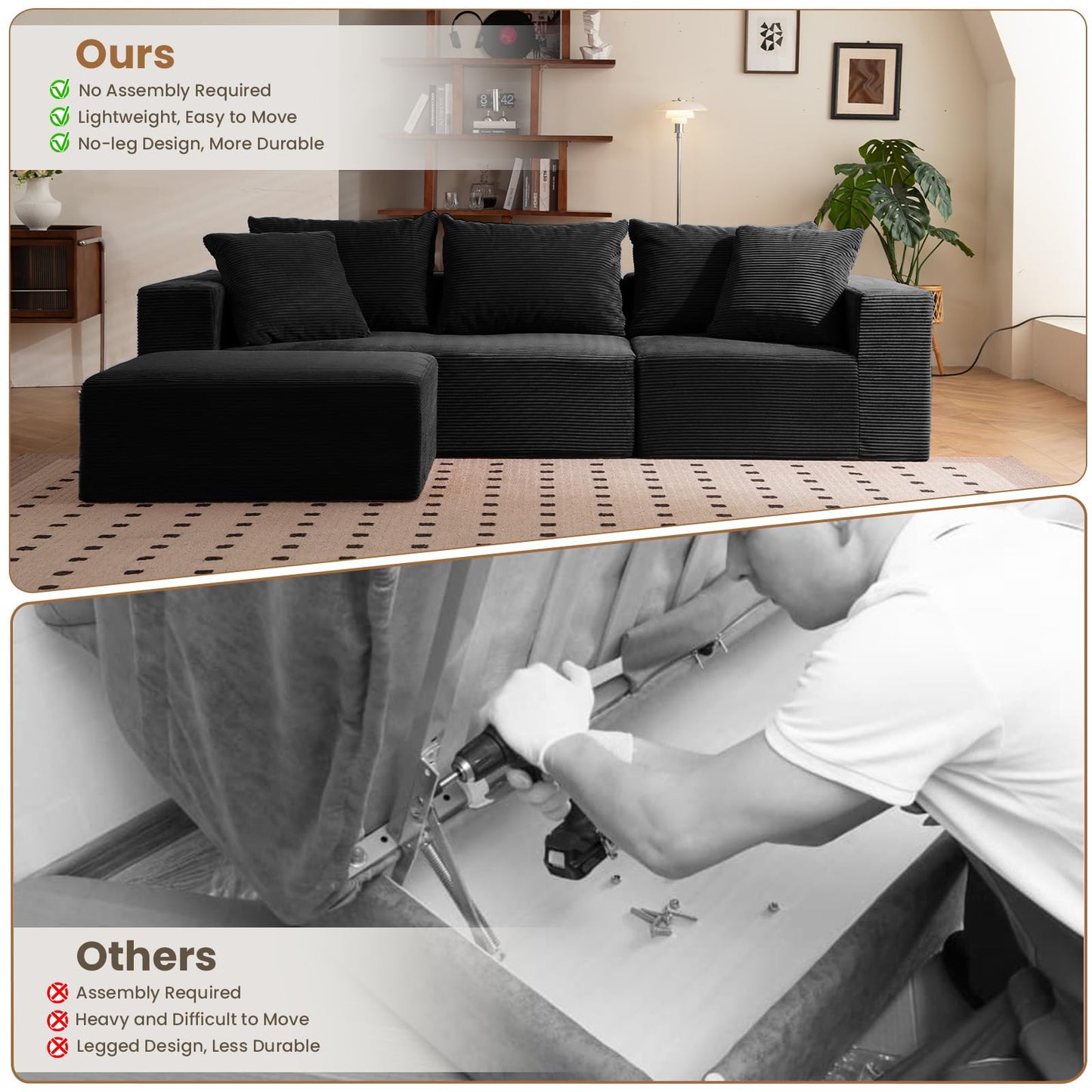 108" Black L-Shaped Modular Sectional Sofa, Corduroy Boneless Cloud Couch with Deep Seat, No Assembly for Living Room