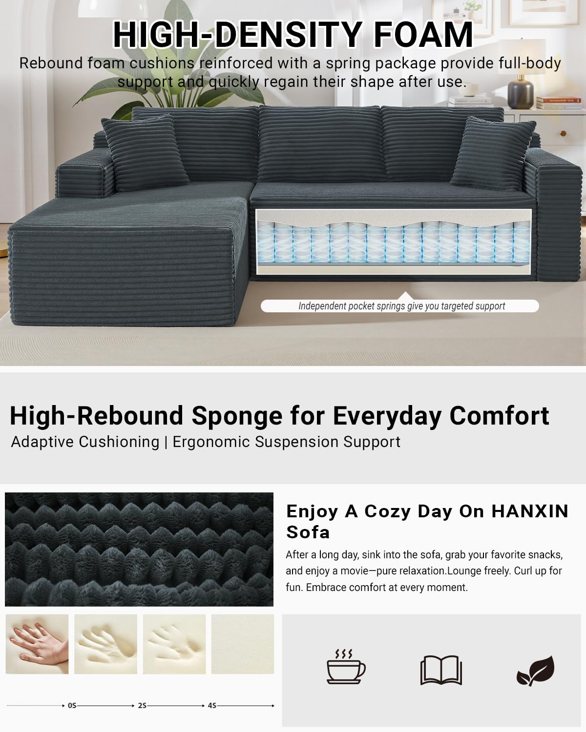 105" Green L-Shaped Cloud Sectional Couch, Modern Modular Sofa with Deep Seat, Corduroy Boneless Couch, No Assembly, Left-Facing Chaise