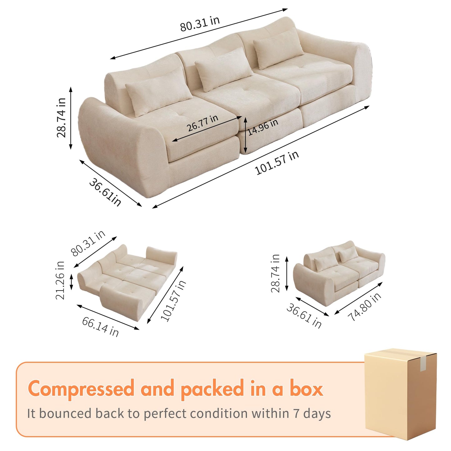 101.6" Beige Modular Sectional Cloud Sofa, 4-in-1 Folding Convertible Floor Couch, Boneless Cushion Sofa for Living Room