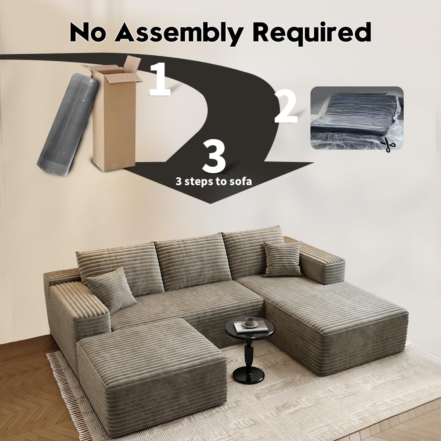 107.5" Camel U-Shaped Cloud Modular Sectional Sofa with 1 Ottoman, Modern Deep Seat Upholstered Couch, Right-Facing Chaise, No Assembly Required