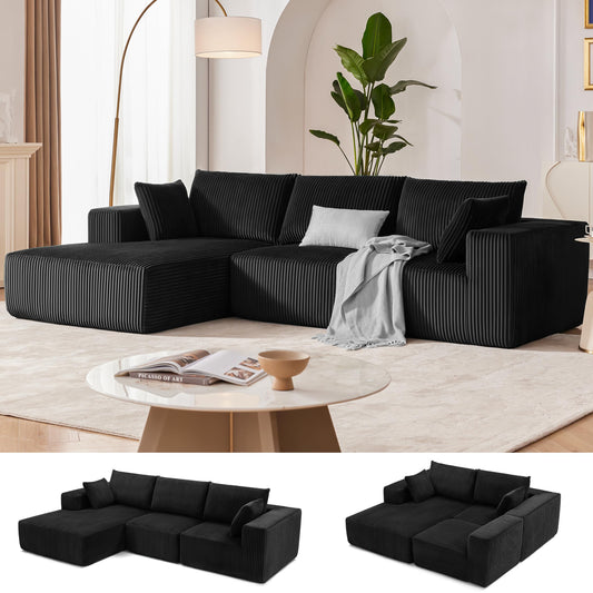 108" Modular L Shaped Cloud Sectional Sofa with Chaise, Deep Seat Upholstered Couch for Living Room or Bedroom, Black Left Facing