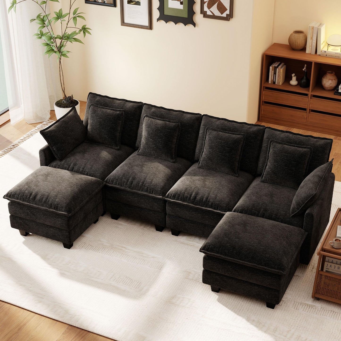 106" Black U-Shaped Modular Sectional Cloud Sofa, 6-Seat Chenille Couch with Ottoman for Living Room, Bedroom, Apartment