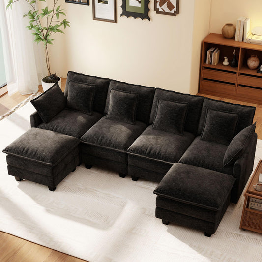 106" Black U-Shaped Modular Sectional Cloud Sofa, 6-Seat Chenille Couch with Ottoman for Living Room, Bedroom, Apartment