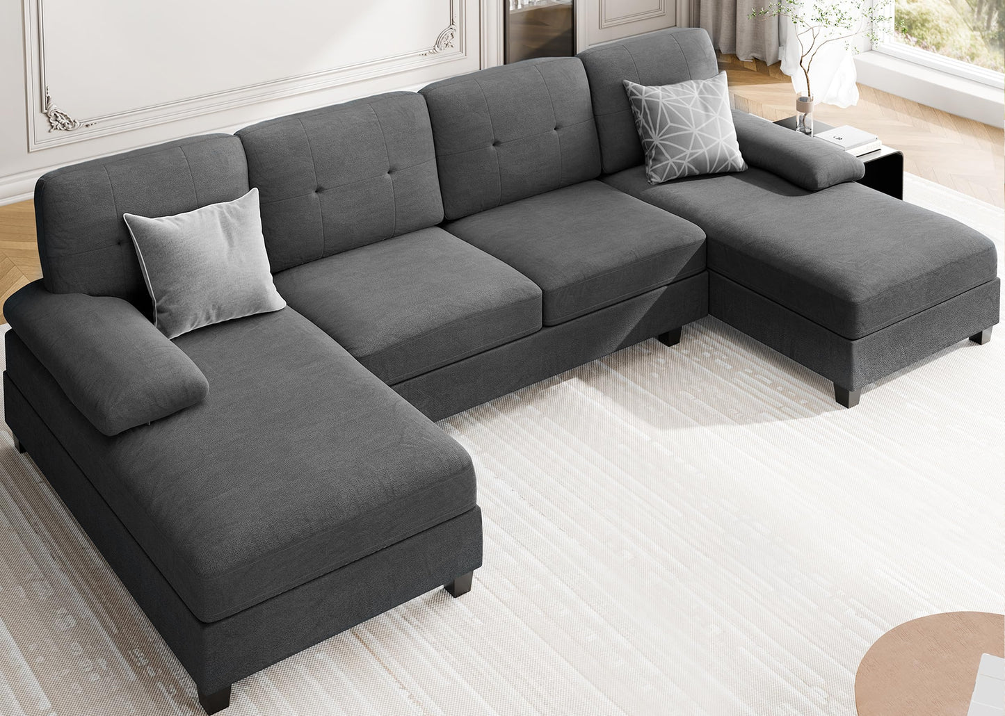 106" U Shaped Sectional Sofa with Double Chaise, Soft 4-Seat Couch for Living Room, Black