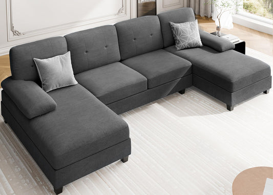 106" U Shaped Sectional Sofa with Double Chaise, Soft 4-Seat Couch for Living Room, Black