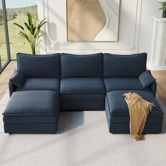 108" Blue U-Shaped Sectional Couch, Comfy Cloud Modular Sofa with 2 Ottomans, Deep Seat Chenille Sofa for Living Room