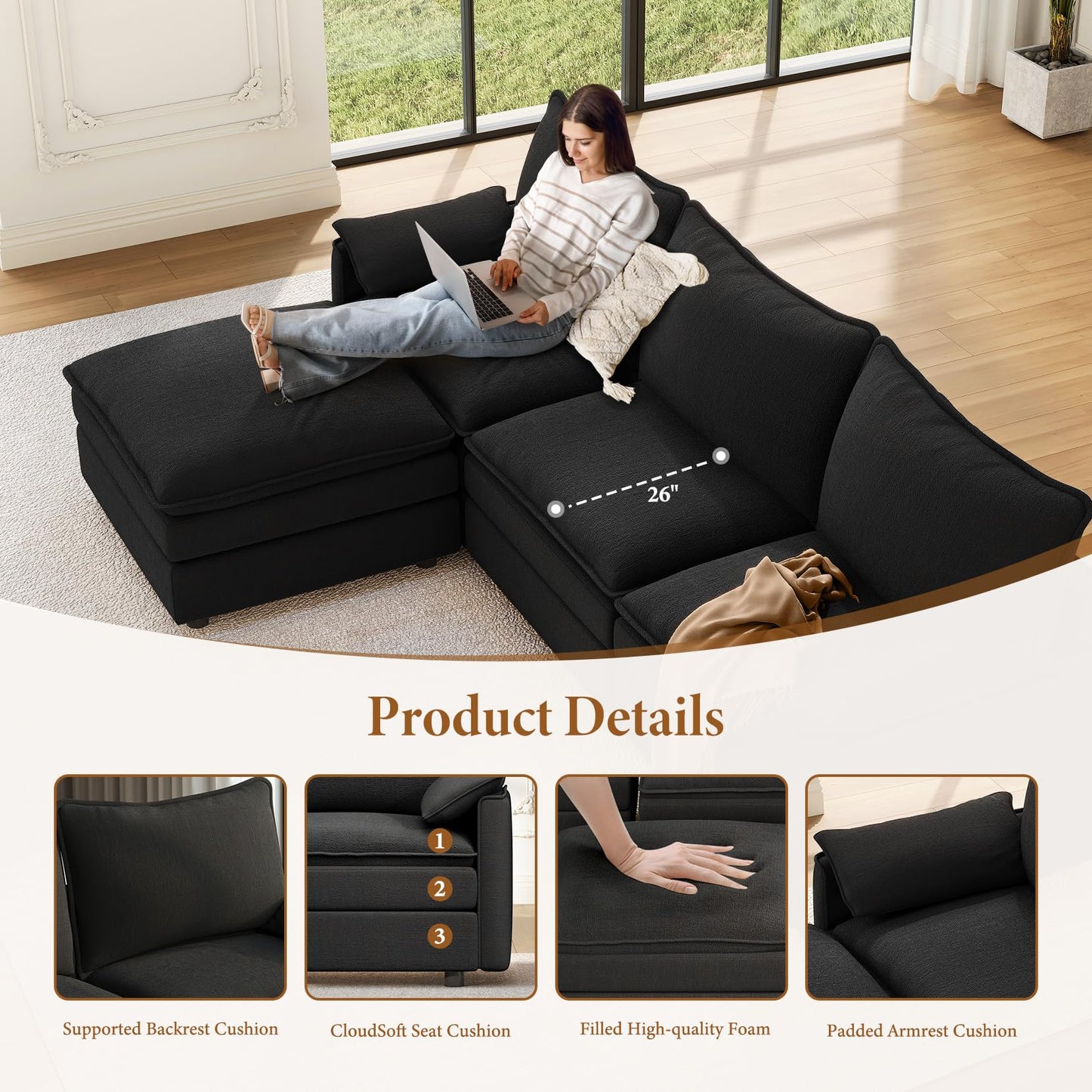 108" Black U-Shaped Sectional Couch, Comfy Cloud Modular Sofa with 2 Ottomans, Deep Seat Chenille Sofa for Living Room