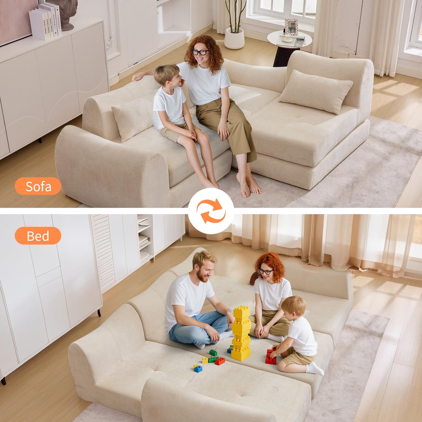 101.6" Beige Modular Sectional Cloud Sofa, 4-in-1 Folding Convertible Floor Couch, Boneless Cushion Sofa for Living Room