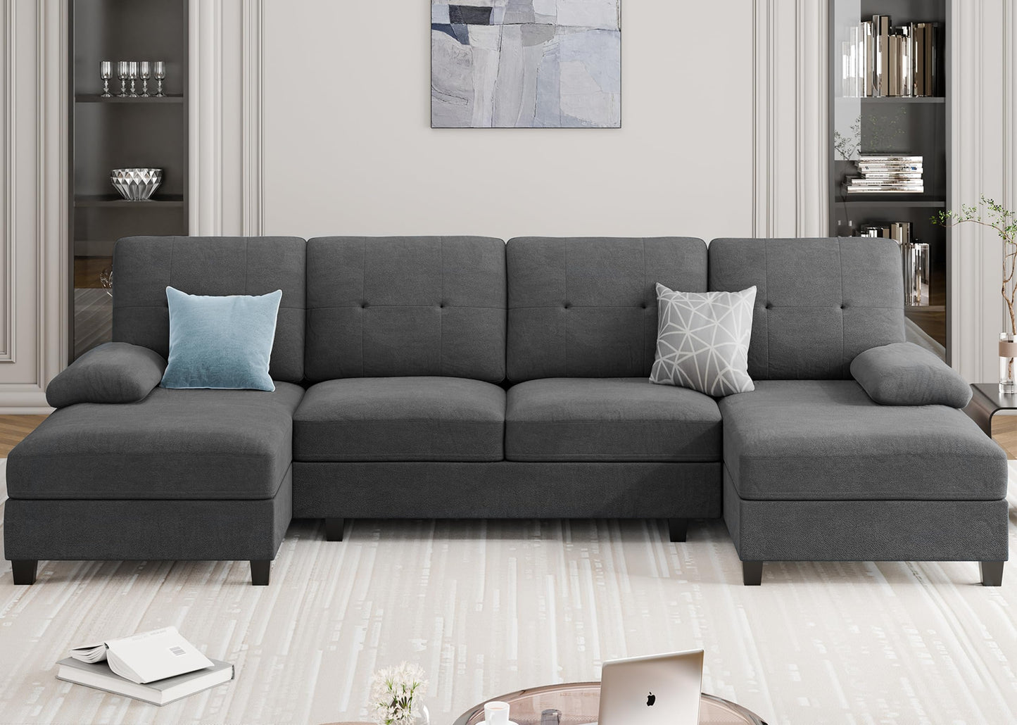 106" U Shaped Sectional Sofa with Double Chaise, Soft 4-Seat Couch for Living Room, Black