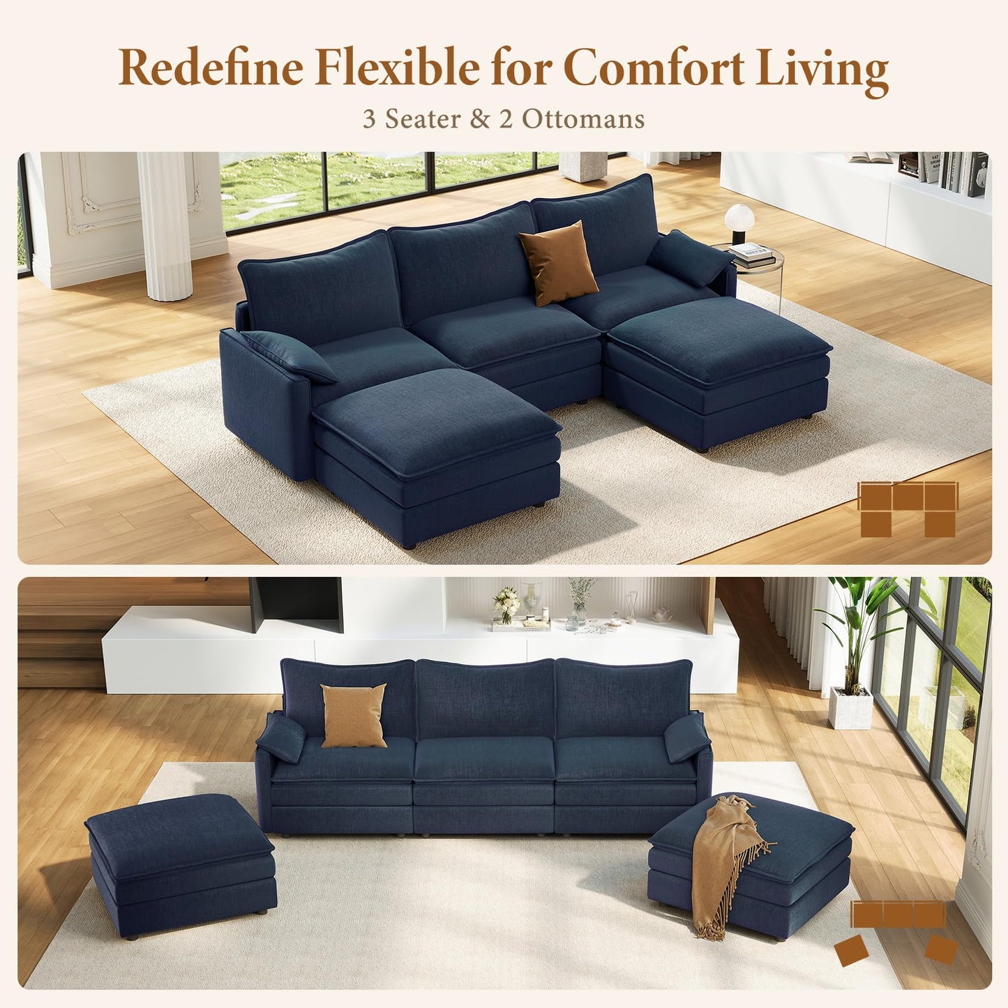 108" Blue U-Shaped Sectional Couch, Comfy Cloud Modular Sofa with 2 Ottomans, Deep Seat Chenille Sofa for Living Room
