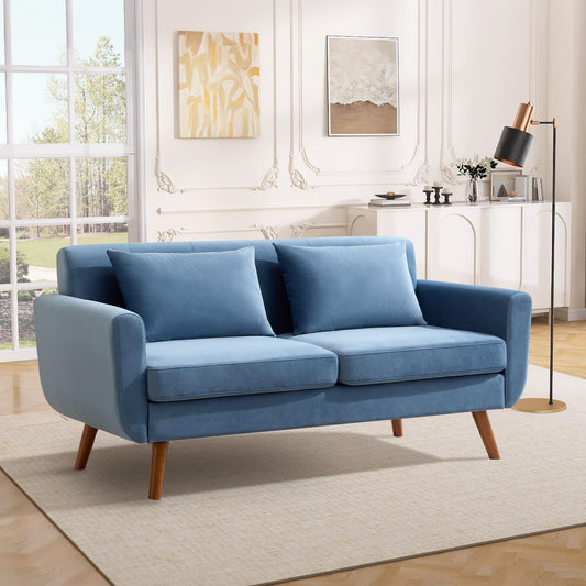 Tbfit 65" Velvet Loveseat Sofa, Mid-Century Modern Button Tufted 2-Seater Couch for Living Room or Bedroom, Blue