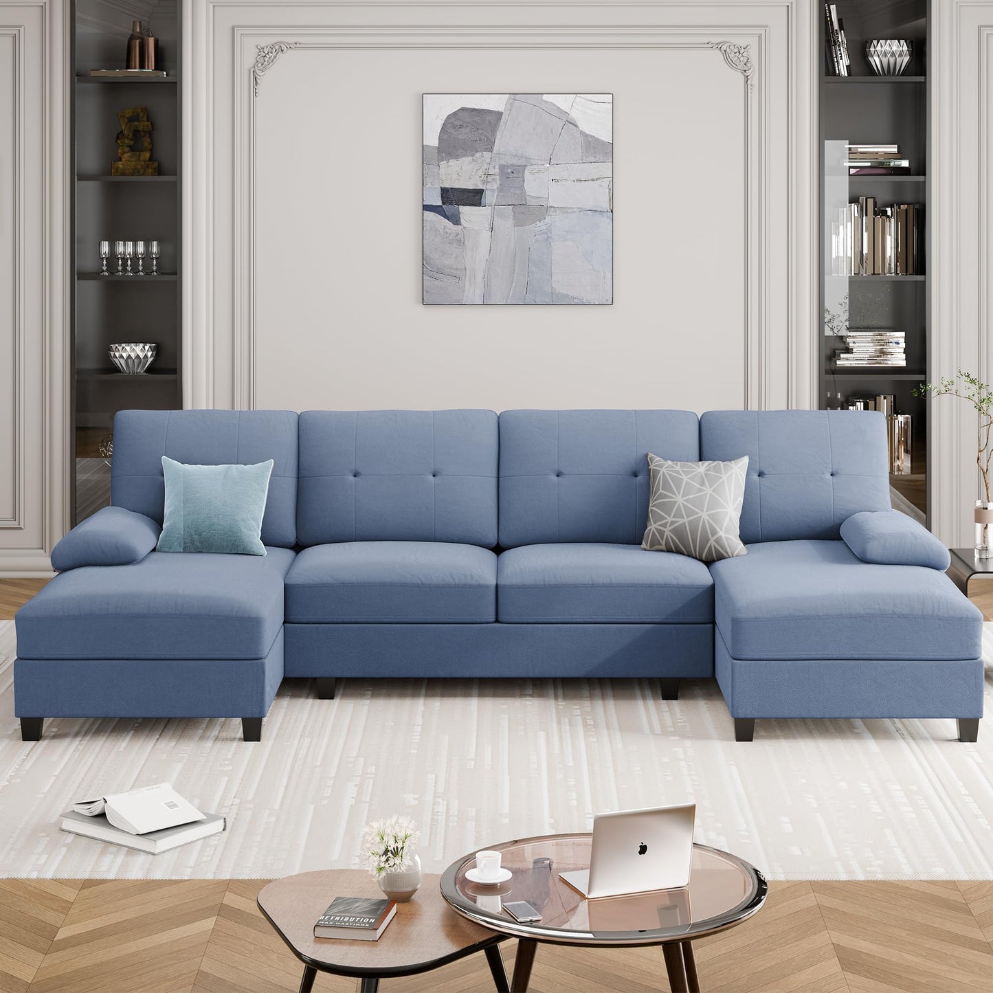 106" U Shaped Sectional Sofa with Double Chaise, 4-Seat Fabric Couch with Wide Seats for Living Room, Blue