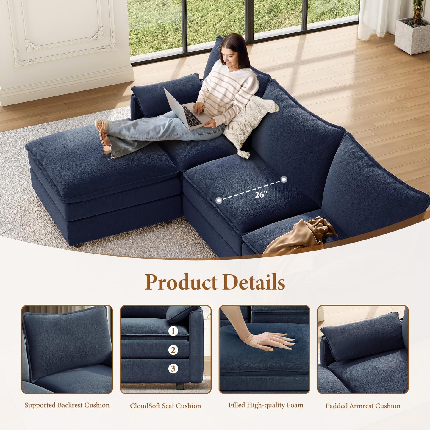 108" Blue U-Shaped Sectional Couch, Comfy Cloud Modular Sofa with 2 Ottomans, Deep Seat Chenille Sofa for Living Room