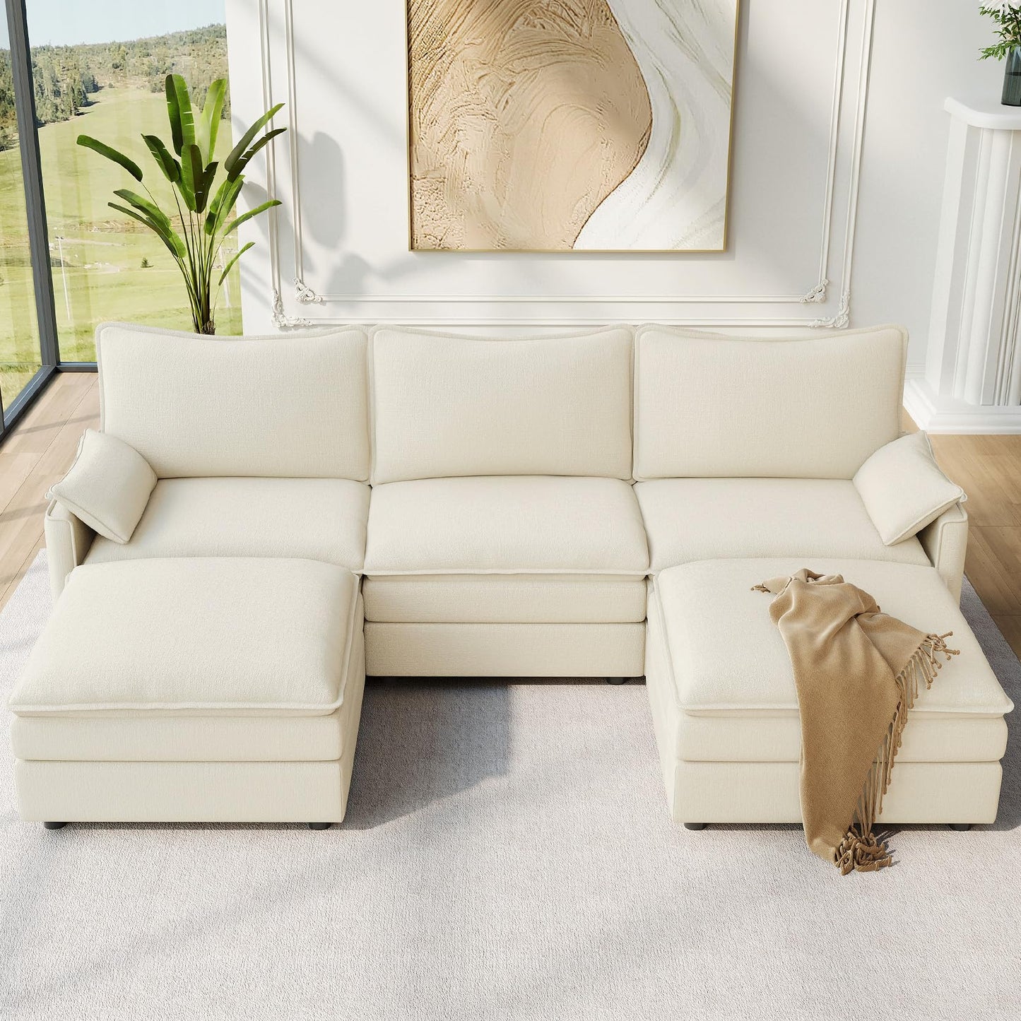 108" Beige U-Shaped Sectional Couch, Comfy Cloud Modular Sofa with 2 Ottomans, Deep Seat Chenille Sofa for Living Room