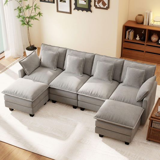 106" Black U-Shaped Modular Sectional Cloud Sofa, 6-Seat Chenille Couch with Ottoman for Living Room, Bedroom, Apartment