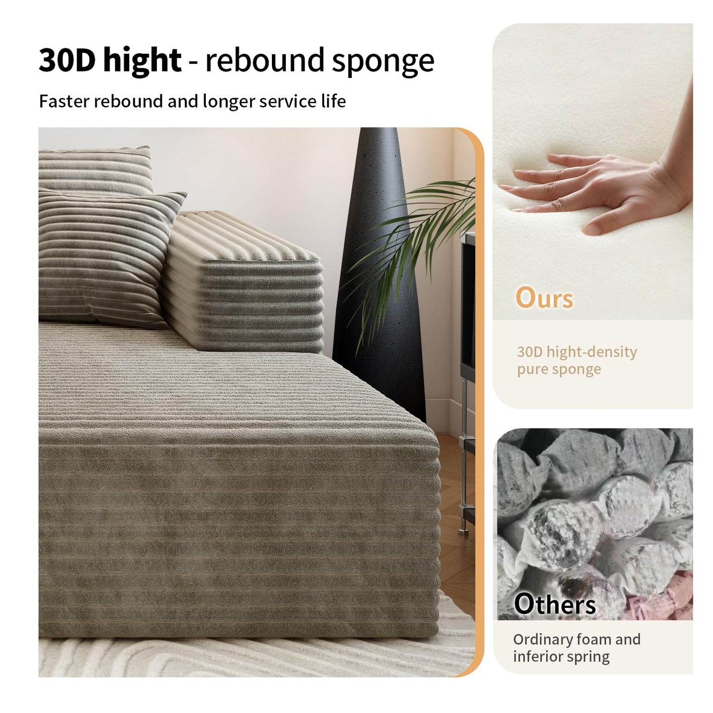 107.5" Camel U-Shaped Cloud Modular Sectional Sofa with 1 Ottoman, Modern Deep Seat Upholstered Couch, Right-Facing Chaise, No Assembly Required