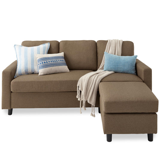 Upholstered 3-Seat L-Shape Sectional Sofa with Chaise Lounge and Reversible Ottoman Bench for Compact Spaces, Brown