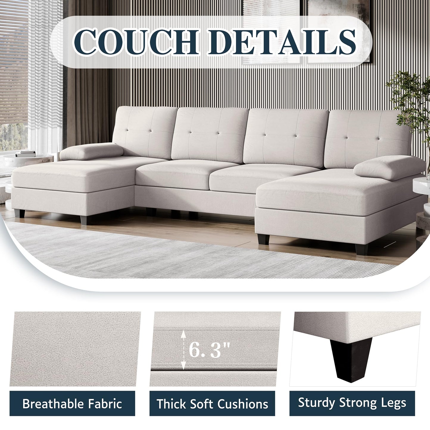 106" U Shaped Sectional Sofa with Double Chaises, 4-Seat Couch with Oversized Seats for Living Room, White