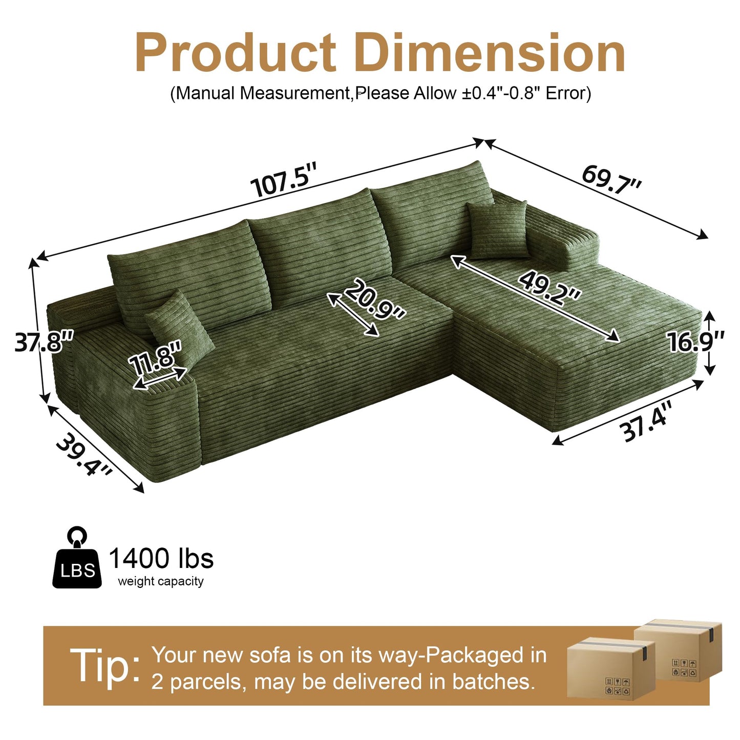 108" Green L-Shaped Modular Sectional Sofa, Boneless Deep Seat Couch with Chaise and 2-Seaters, Modern Upholstered Couch for Living Room, Right-Facing Chaise