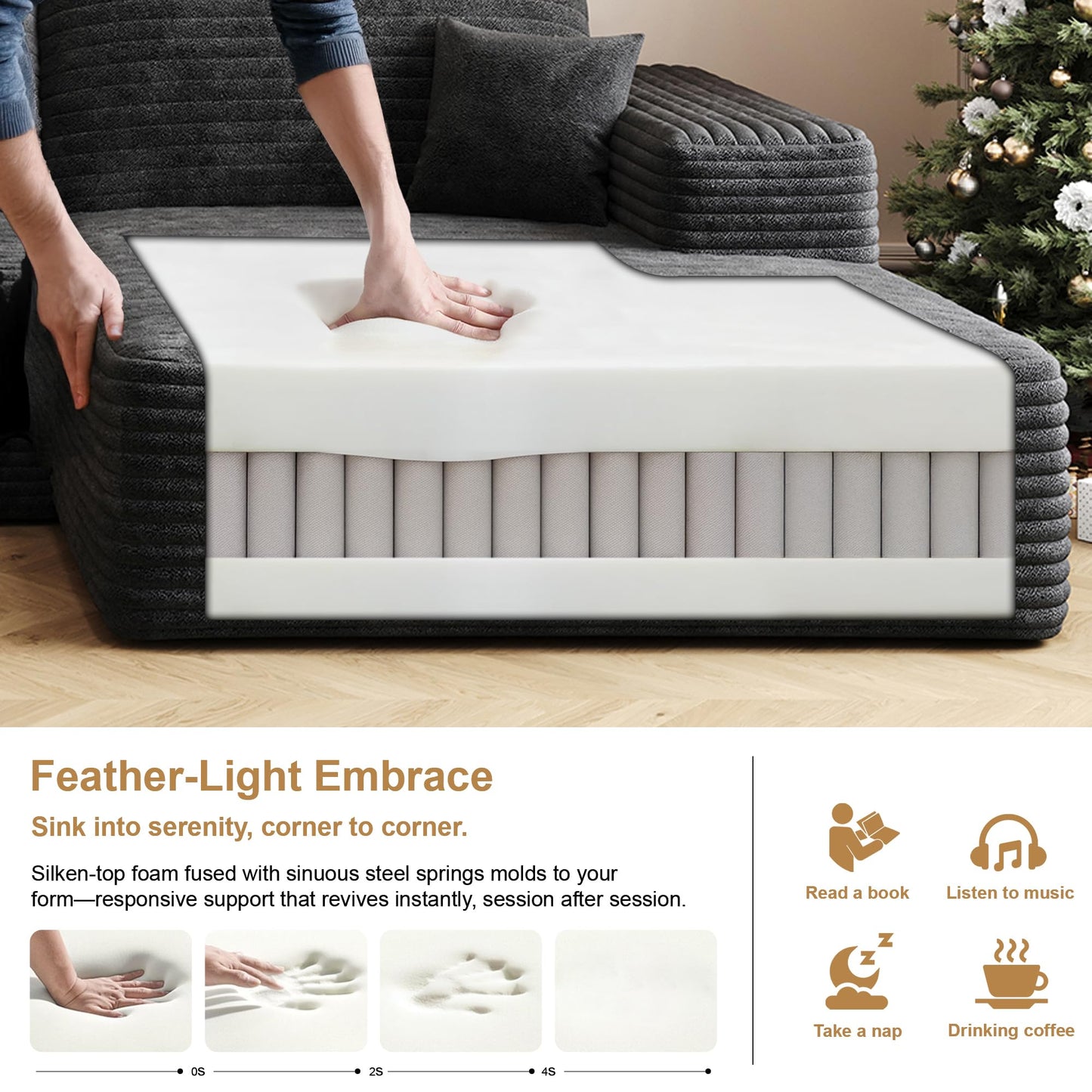 108" Black L-Shaped Modular Sectional Sofa, Boneless Deep Seat Couch with Chaise and 2-Seaters, Modern Upholstered Couch for Living Room, Right-Facing Chaise