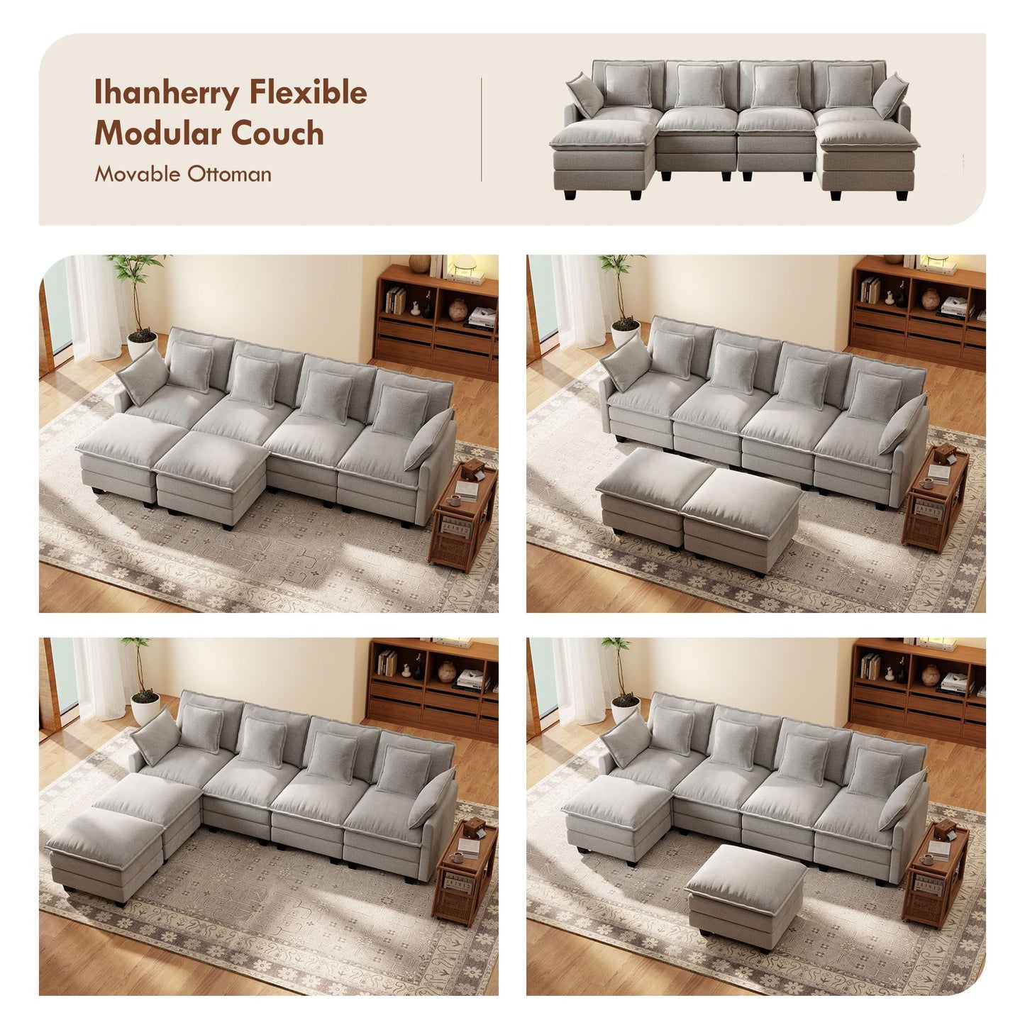 106" Black U-Shaped Modular Sectional Cloud Sofa, 6-Seat Chenille Couch with Ottoman for Living Room, Bedroom, Apartment