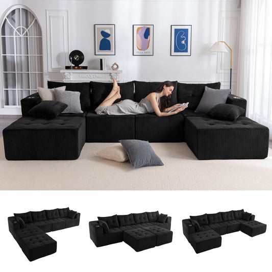 U Shaped Modular Sectional Sofa with 2 Ottomans, 6-Seat Tufted Sleeper Couch, No Assembly, Black