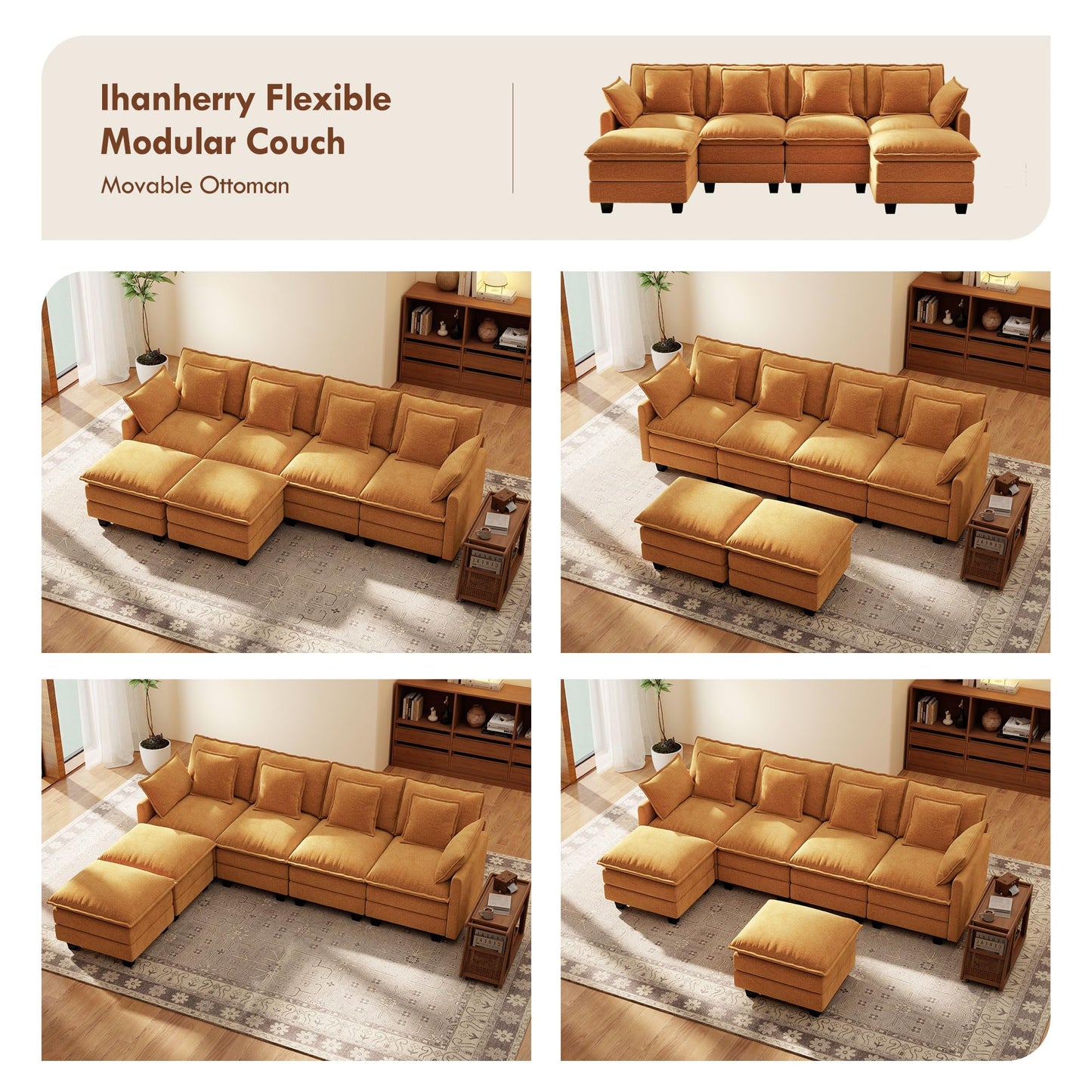 106" Orange U-Shaped Modular Sectional Cloud Sofa, 6-Seat Chenille Couch with Ottoman for Living Room, Bedroom, Apartment