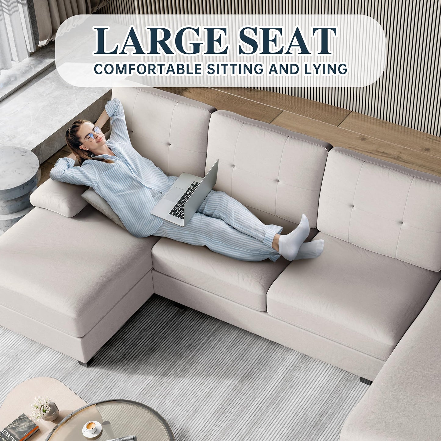 106" U Shaped Sectional Sofa with Double Chaises, 4-Seat Couch with Oversized Seats for Living Room, White