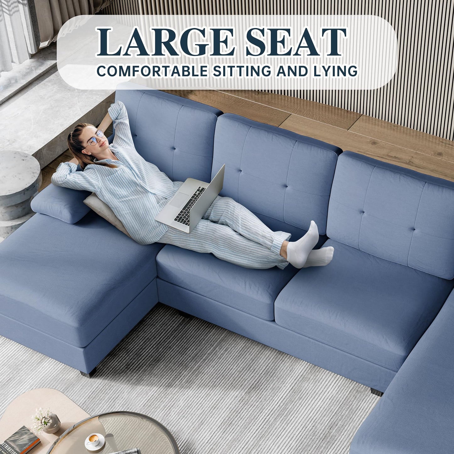 106" U Shaped Sectional Sofa with Double Chaise, 4-Seat Fabric Couch with Wide Seats for Living Room, Blue