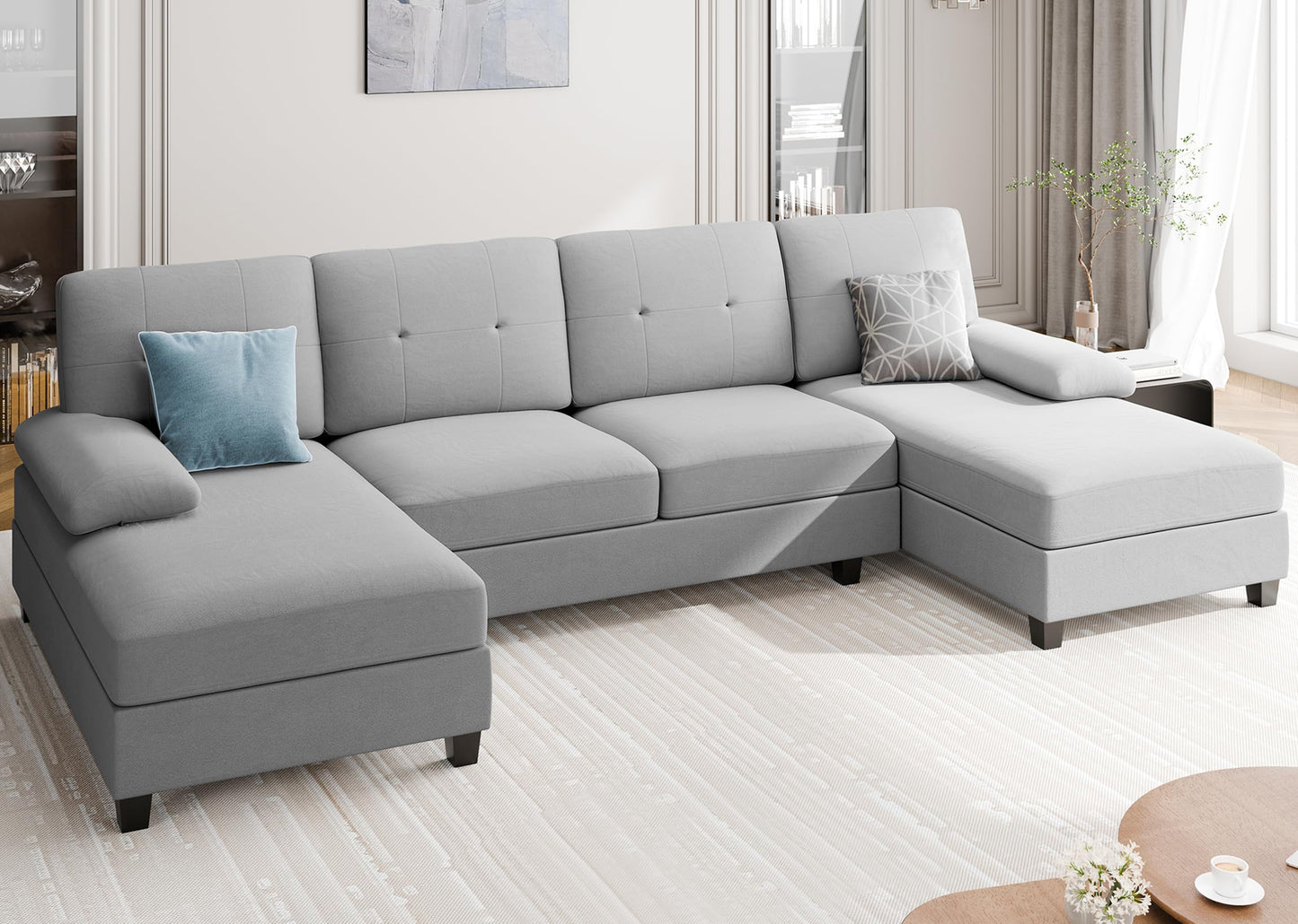 106" U Shaped Sectional Sofa with Wide Double Chaise, 4-Seat Comfortable Fabric Couch for Living Room or Apartment, Pure Light Grey