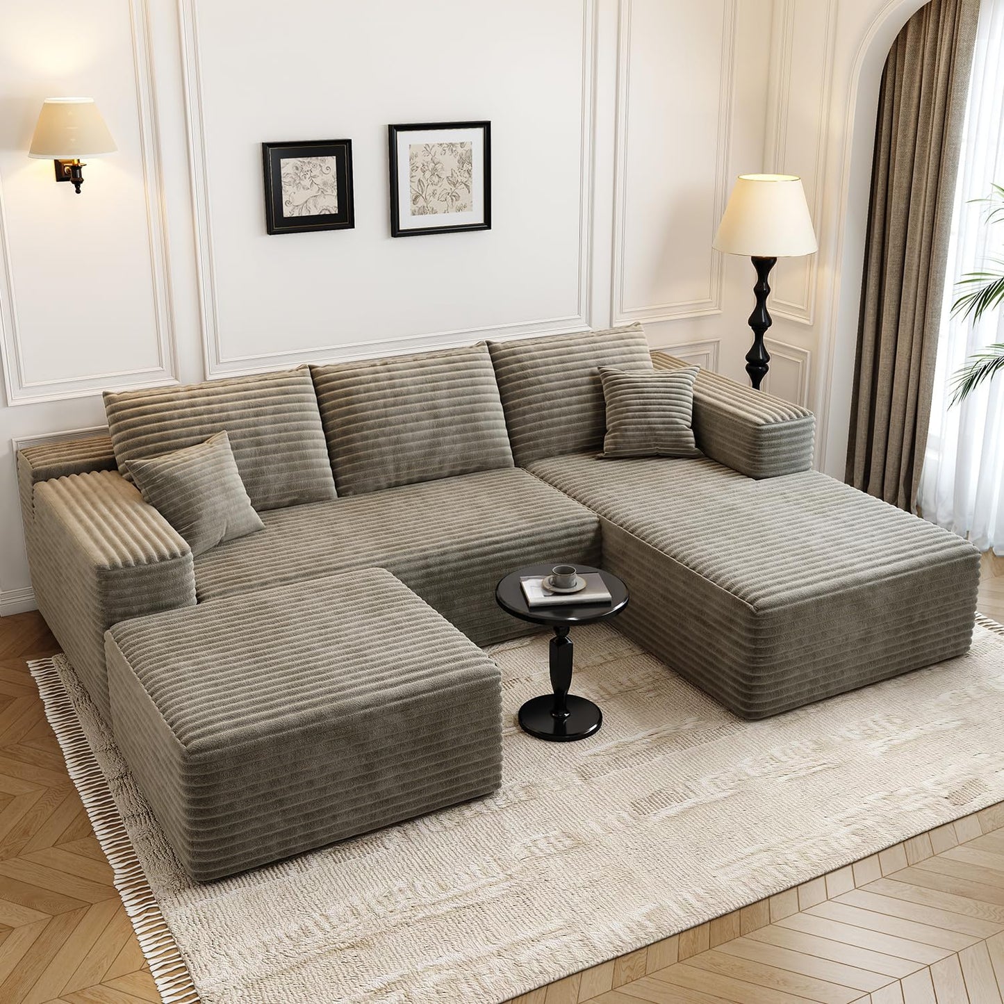 107.5" Camel U-Shaped Cloud Modular Sectional Sofa with 1 Ottoman, Modern Deep Seat Upholstered Couch, Right-Facing Chaise, No Assembly Required