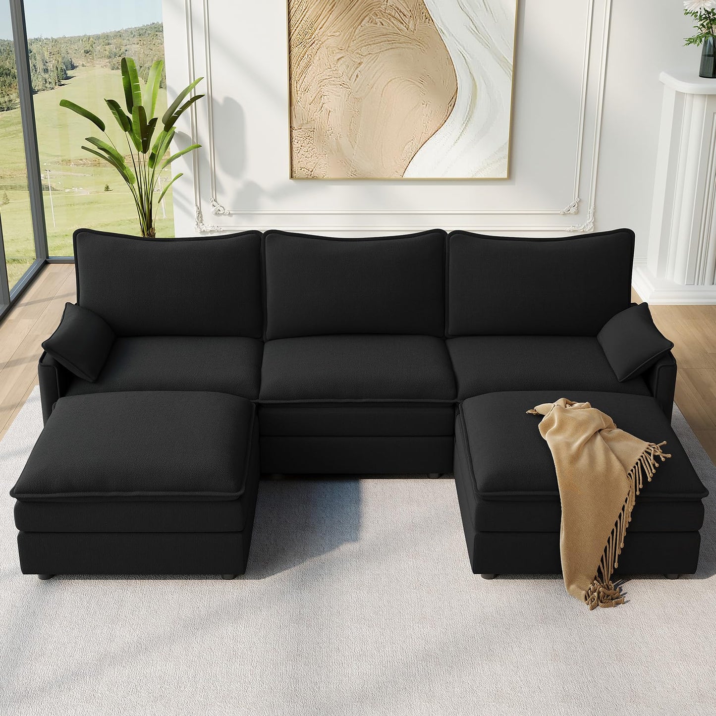 108" Black U-Shaped Sectional Couch, Comfy Cloud Modular Sofa with 2 Ottomans, Deep Seat Chenille Sofa for Living Room