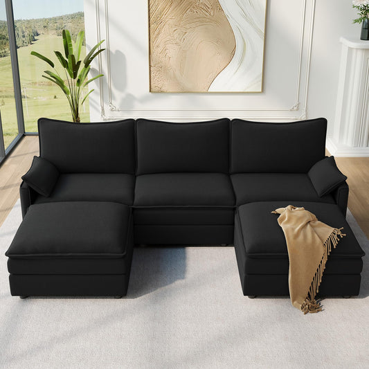 108" Black U-Shaped Sectional Couch, Comfy Cloud Modular Sofa with 2 Ottomans, Deep Seat Chenille Sofa for Living Room