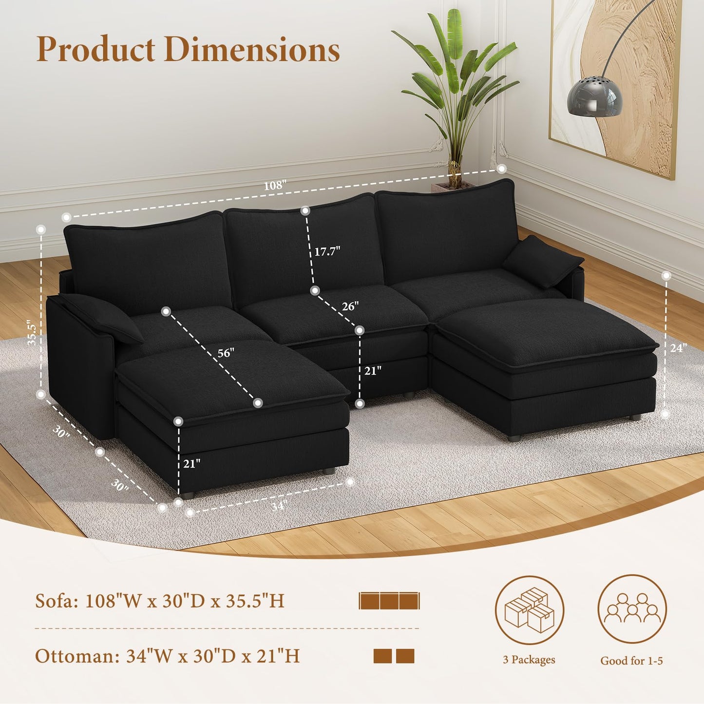 108" Black U-Shaped Sectional Couch, Comfy Cloud Modular Sofa with 2 Ottomans, Deep Seat Chenille Sofa for Living Room