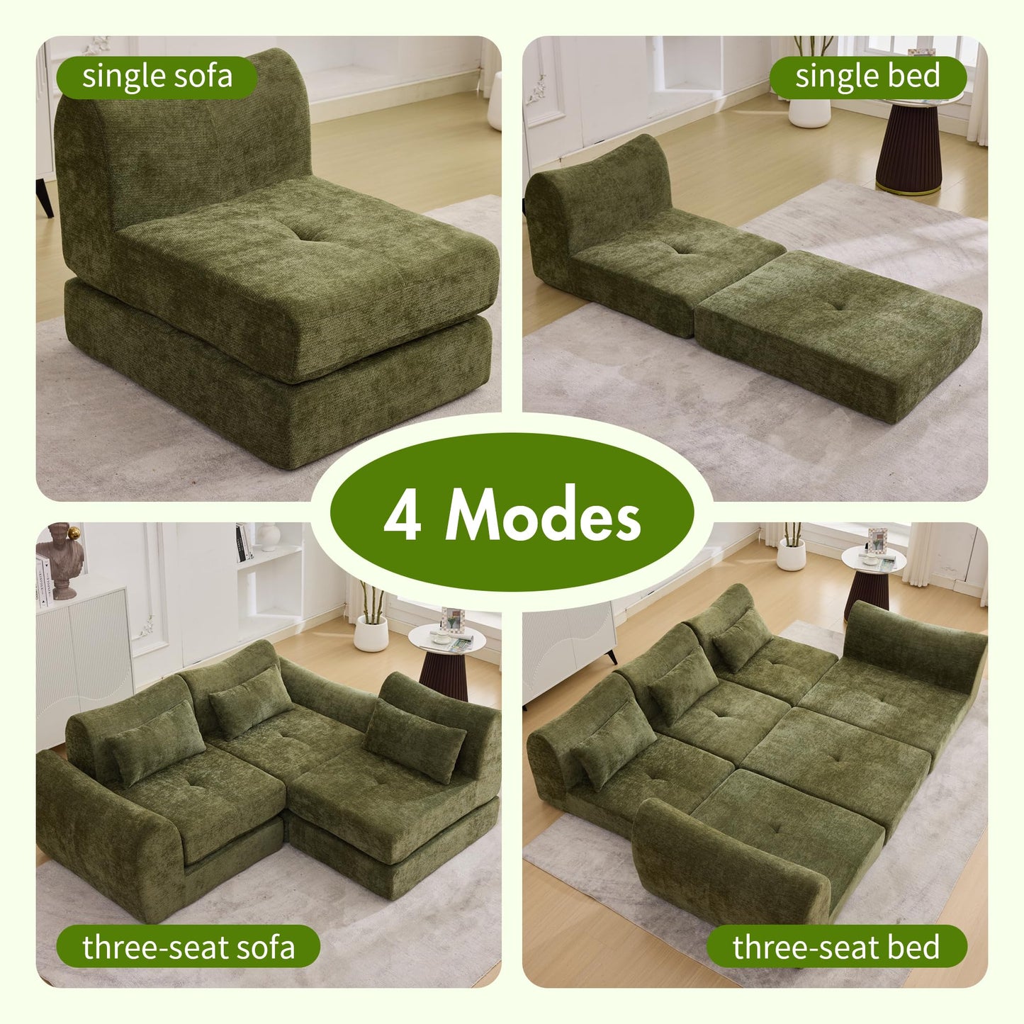 101.6" Green Modular Sectional Cloud Sofa, 4-in-1 Folding Convertible Floor Couch, Boneless Cushion Sofa for Living Room