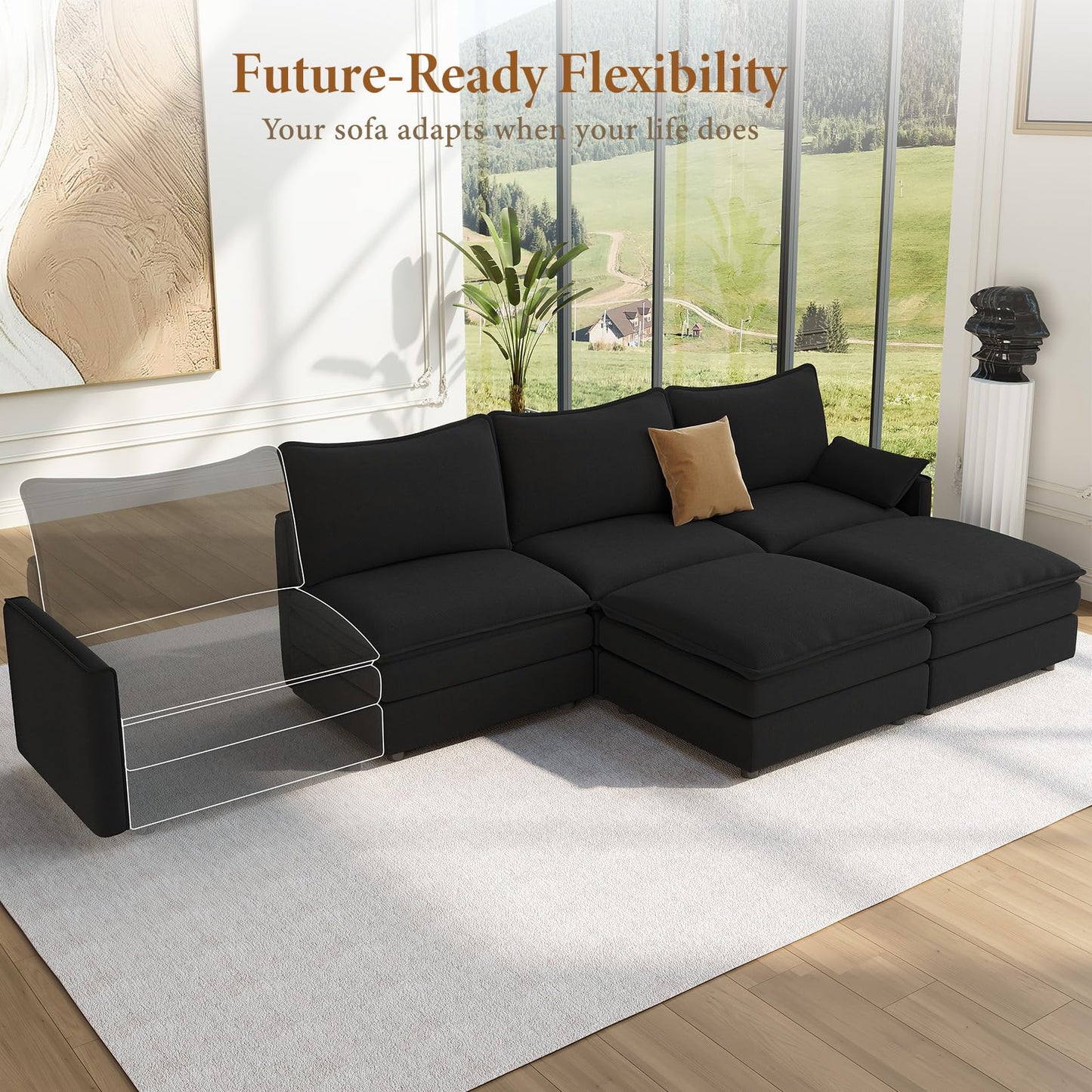 108" Black U-Shaped Sectional Couch, Comfy Cloud Modular Sofa with 2 Ottomans, Deep Seat Chenille Sofa for Living Room