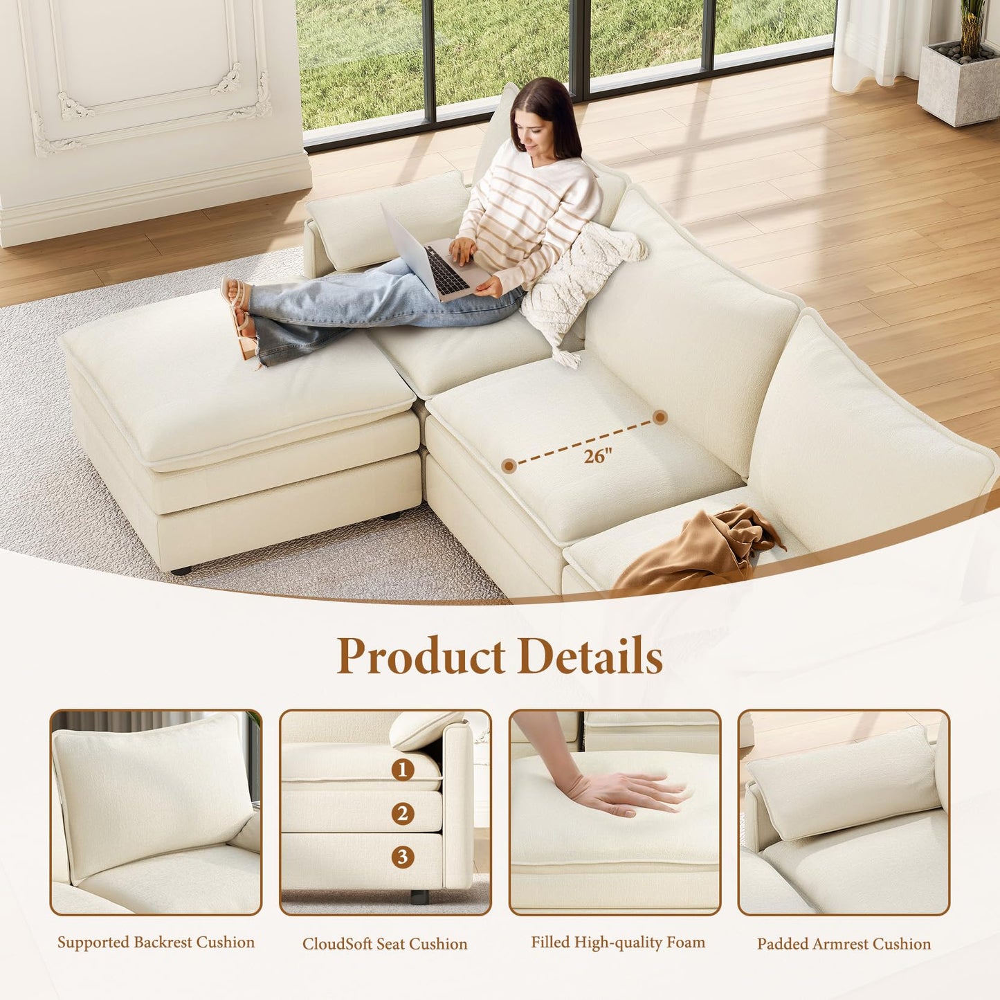 108" Creamy Beige U-Shaped Sectional Couch, Comfy Cloud Modular Sofa with 2 Ottomans, Deep Seat Chenille Sofa for Living Room