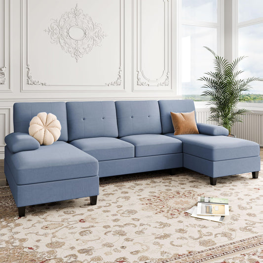 U-Shaped Sectional Sofa with Double Chaise, 4-Seat Linen Fabric Living Room Furniture Set, Blue