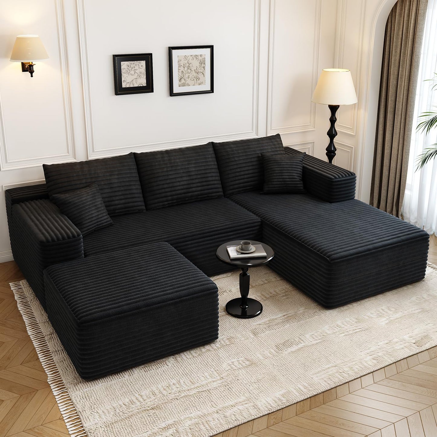 107.5" Black U-Shaped Cloud Modular Sectional Sofa with 1 Ottoman, Modern Deep Seat Upholstered Couch, Right-Facing Chaise, No Assembly Required