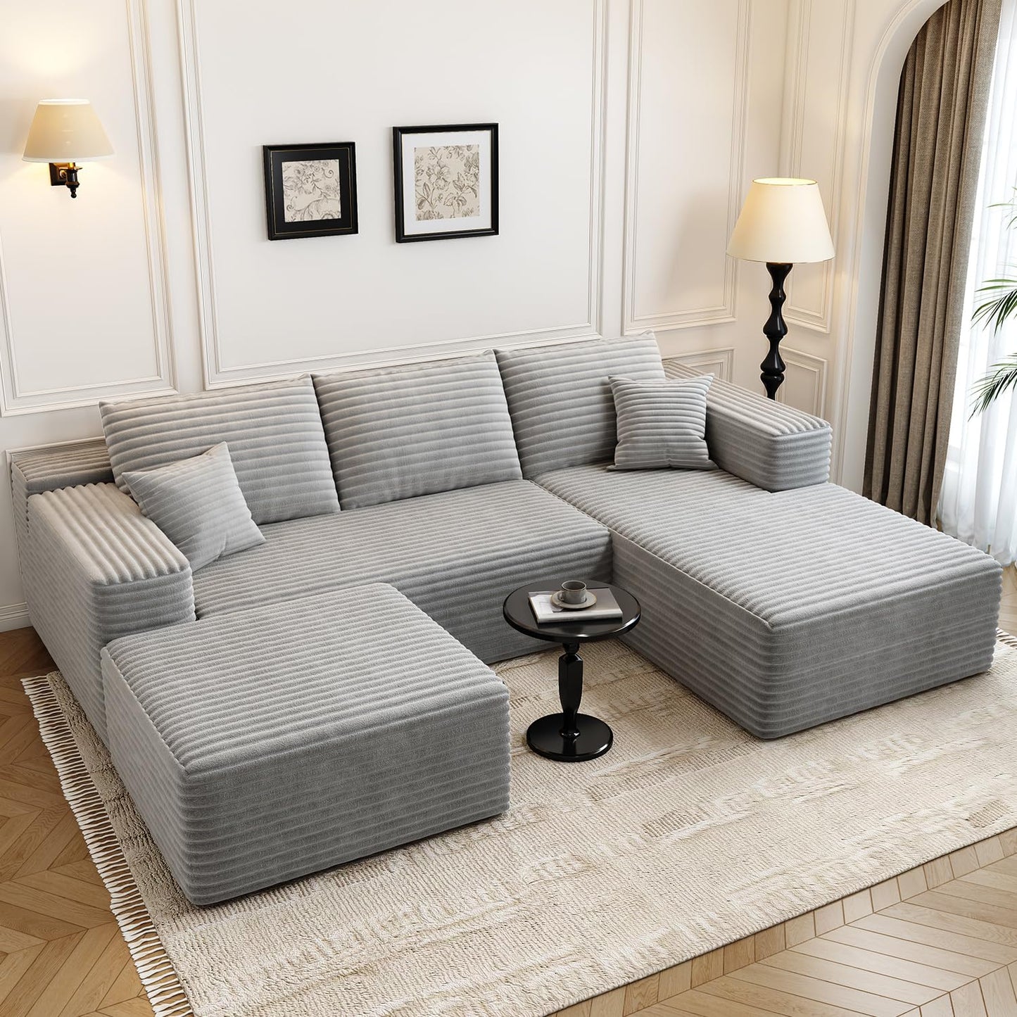 107.5" Grey U-Shaped Cloud Modular Sectional Sofa with 1 Ottoman, Modern Deep Seat Upholstered Couch, Right-Facing Chaise, No Assembly Required