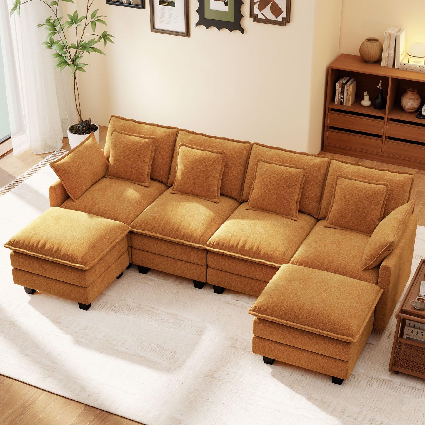 106" Orange U-Shaped Modular Sectional Cloud Sofa, 6-Seat Chenille Couch with Ottoman for Living Room, Bedroom, Apartment